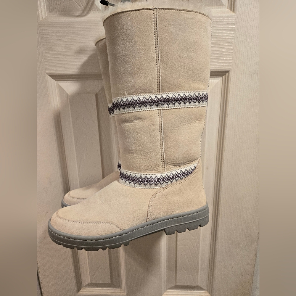 Women's Cream Boots with Patterned Trim